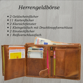 flevado Herrengeldbörse mit Druck Label Love,Loyalty, Friendship und RFID Schutz Echtes Leder Braun